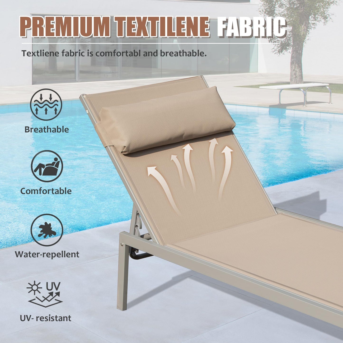 Patio Chaise Lounge Set of 3, Aluminum Pool Lounge Chairs with Side Table, Outdoor Adjustable Recliner All Weather for Poolside, Beach, Yard, Balcony (Khaki)