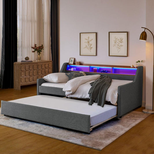 Twin Size Upholstery Sofa Bed with Three LED lights, with Storage Adjustable Headboard, with Foldable Leg Pull up Trundle Bed and Wireless Charging, Linen Padded Sofa Bed frame, Grey