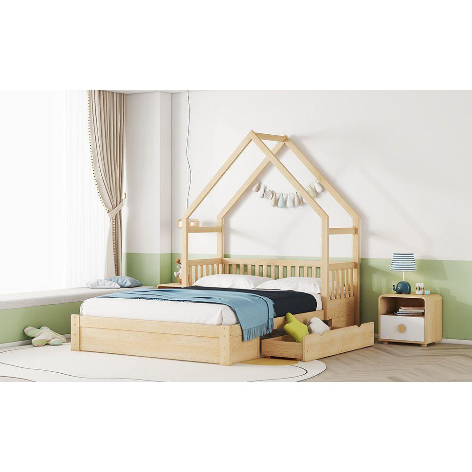 Wood Queen Size House Platform Bed with Guardrail and 2 Drawers, Natural
