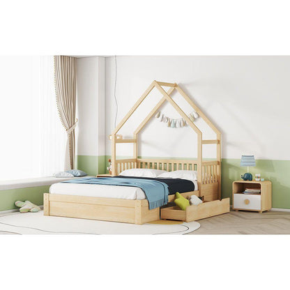 Wood Queen Size House Platform Bed with Guardrail and 2 Drawers, Natural