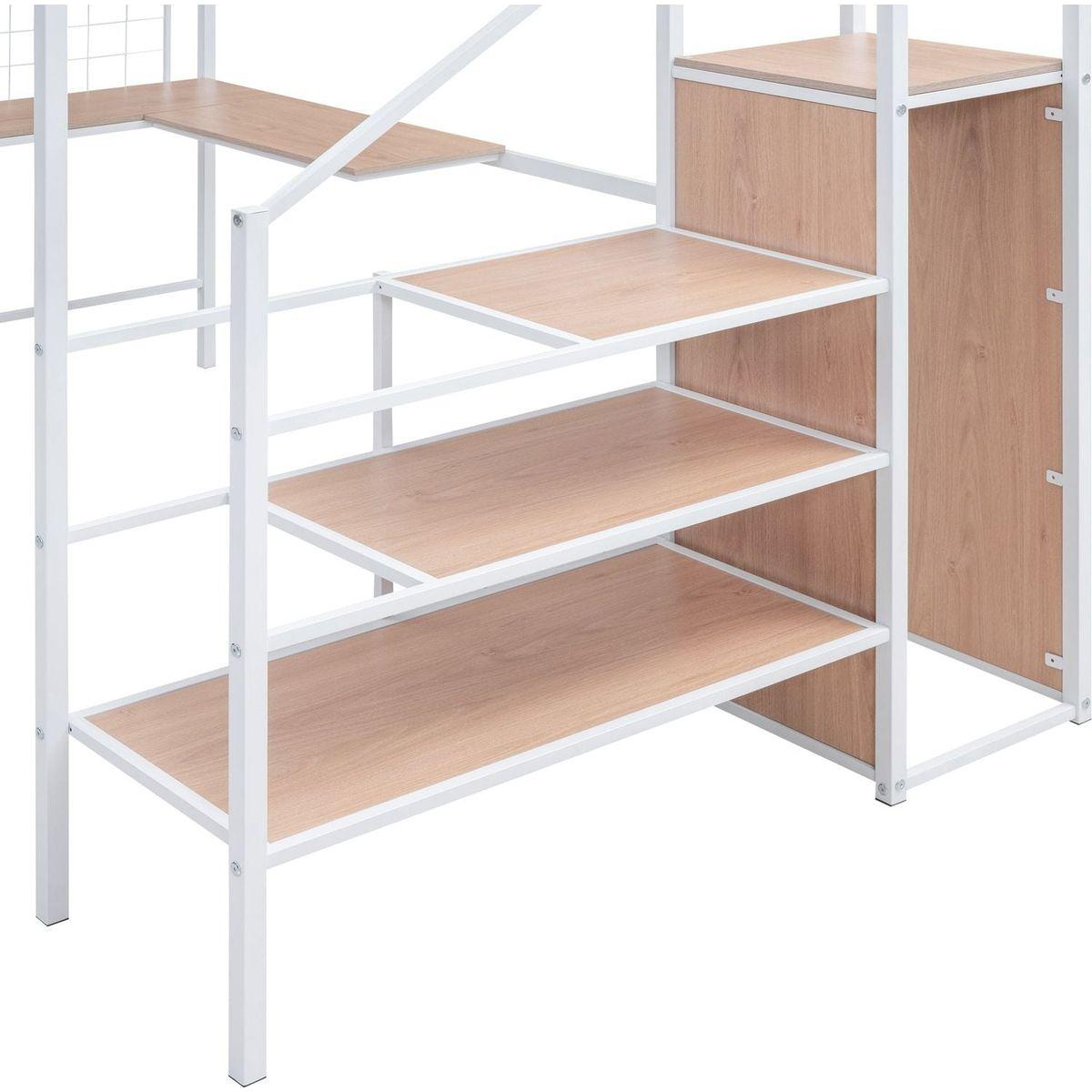 Full Size Metal Loft Bed with Desk and Metal Grid, Stylish Metal Frame Bed with Lateral Storage Ladder and Wardrobe, White