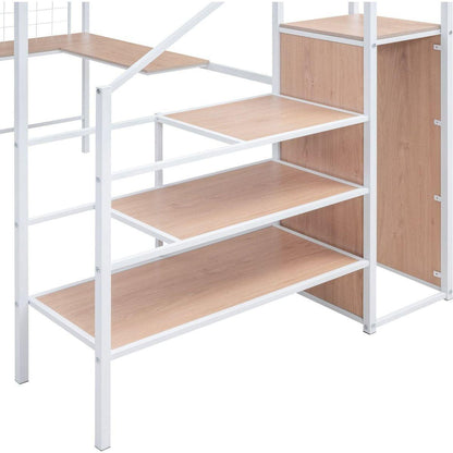 Full Size Metal Loft Bed with Desk and Metal Grid, Stylish Metal Frame Bed with Lateral Storage Ladder and Wardrobe, White