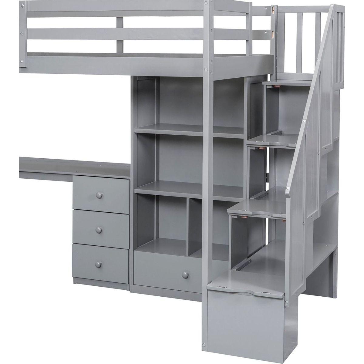 Twin Size Loft Bed with L-Shaped Desk and Drawers, Cabinet and Storage Staircase, Gray