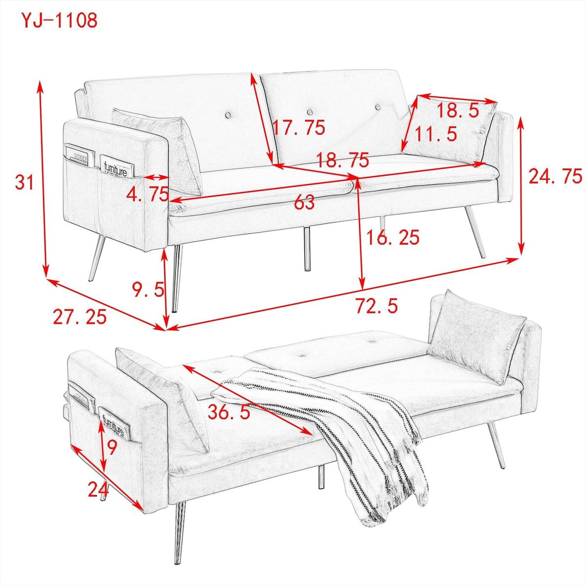 72.5" Convertible Sofa Bed, Adjustable Velvet Sofa Bed - Velvet Folding Lounge Recliner - Reversible Daybed - Ideal for Bedroom with Two Pillows and Center Leg