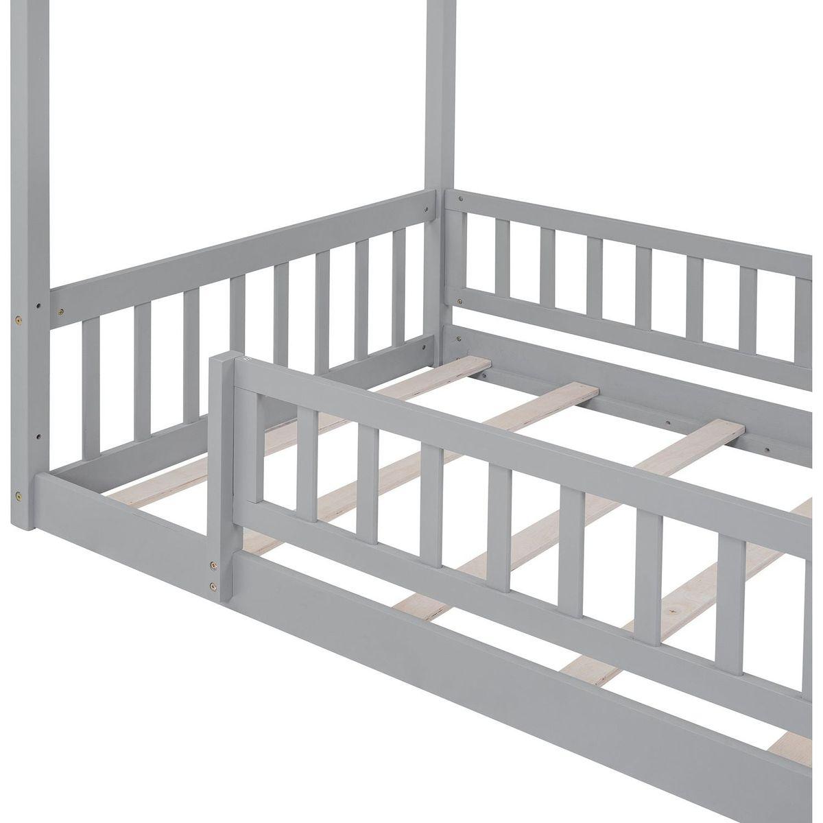 Twin Size Wood Bed House Bed Frame with Fence, for Kids, Teens, Girls, Boys, Gray