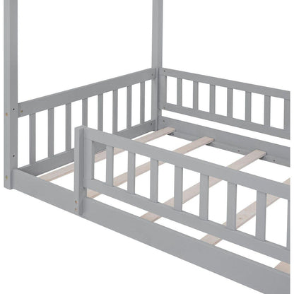 Twin Size Wood Bed House Bed Frame with Fence, for Kids, Teens, Girls, Boys, Gray