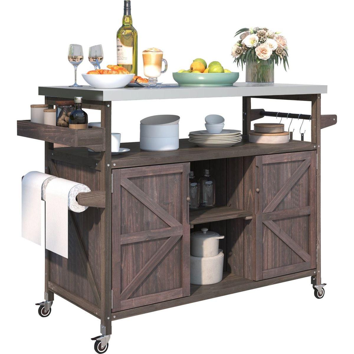 Outdoor Kitchen Island, Rolling Bar Cart & Storage Cabinet, Farmhouse Solid Wood Outdoor Grill Table with Stainless Steel Top, Spice Rack, Towel Rack for Kitchen & Barbecue, Dark Brown