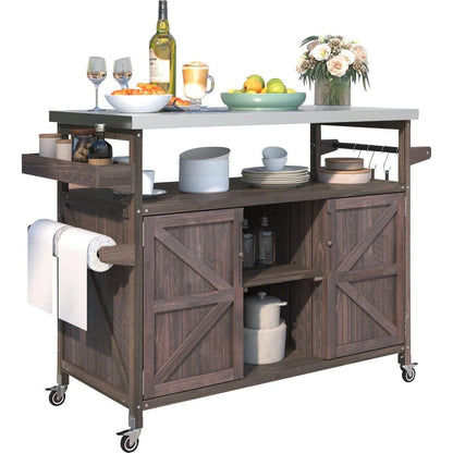 Outdoor Kitchen Island, Rolling Bar Cart & Storage Cabinet, Farmhouse Solid Wood Outdoor Grill Table with Stainless Steel Top, Spice Rack, Towel Rack for Kitchen & Barbecue, Dark Brown