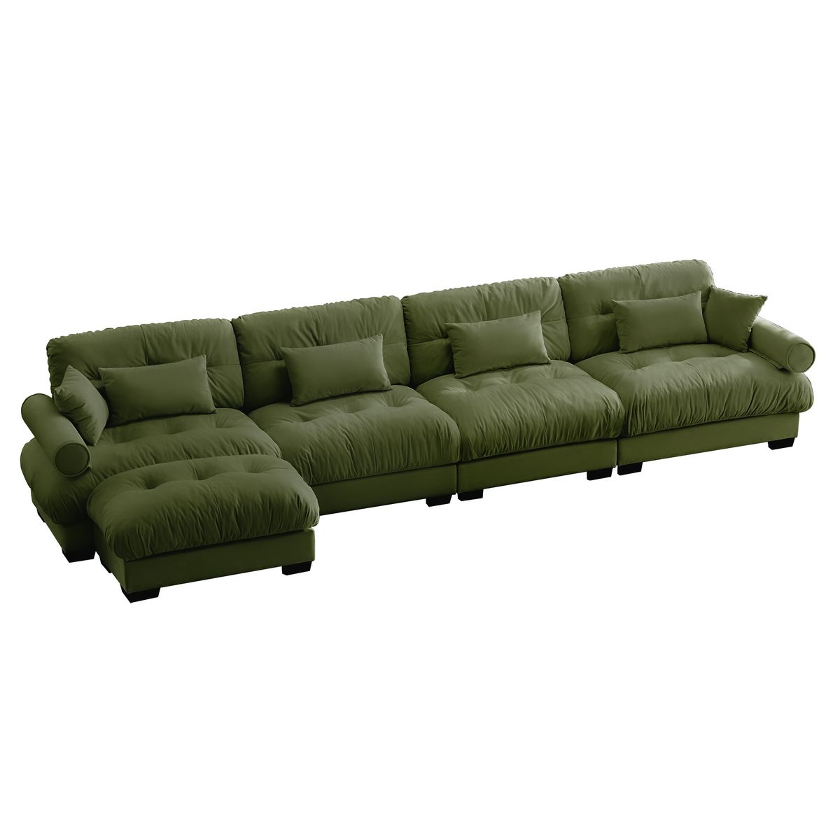 Modern Velvet L Shaped Sectional Cloud Sofa, Convertible Deep 4 Seater Modular Couch with Bolstered Armrests, Olive Green