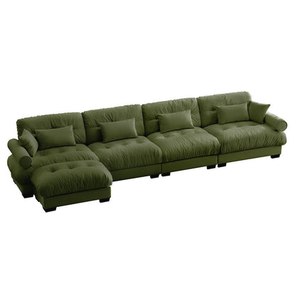 Modern Velvet L Shaped Sectional Cloud Sofa, Convertible Deep 4 Seater Modular Couch with Bolstered Armrests, Olive Green