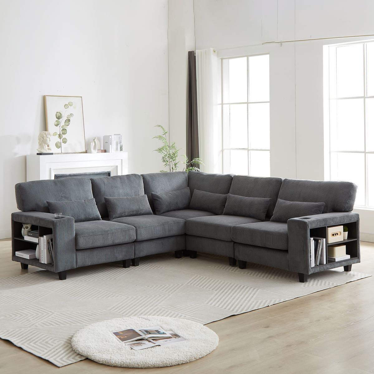 102.75*102.75' L-Shaped Modular Sectional Sofa, Modern Corduroy Sectional Sofa, Arm with Storage With Cup Holder 5-Seat Convertible Sectional Sofa for Living Room, Bedroom, Lounge and Projection Room