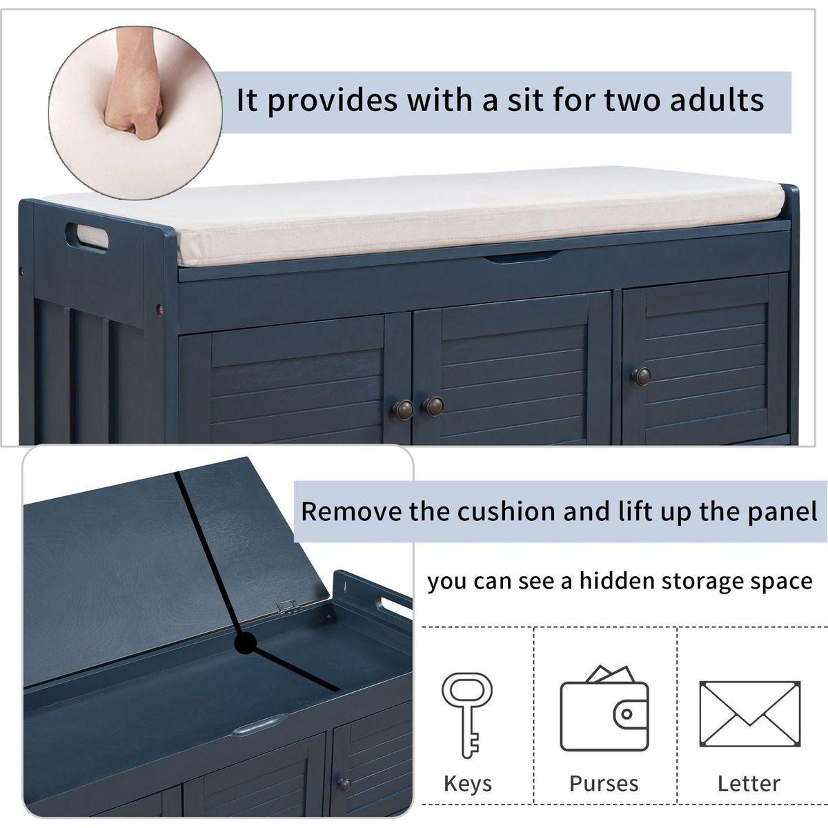 Storage Bench with 3 Shutter-shaped Doors, Shoe Bench with Removable Cushion and Hidden Storage Space (Antique Navy