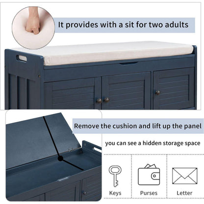 Storage Bench with 3 Shutter-shaped Doors, Shoe Bench with Removable Cushion and Hidden Storage Space (Antique Navy
