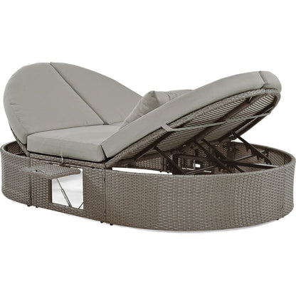 Outdoor Sun Bed Patio 2-Person Daybed with Cushions and Pillows, Rattan Garden Reclining Chaise Lounge with Adjustable Backrests and Foldable Cup Trays for Lawn,Poolside, Gray