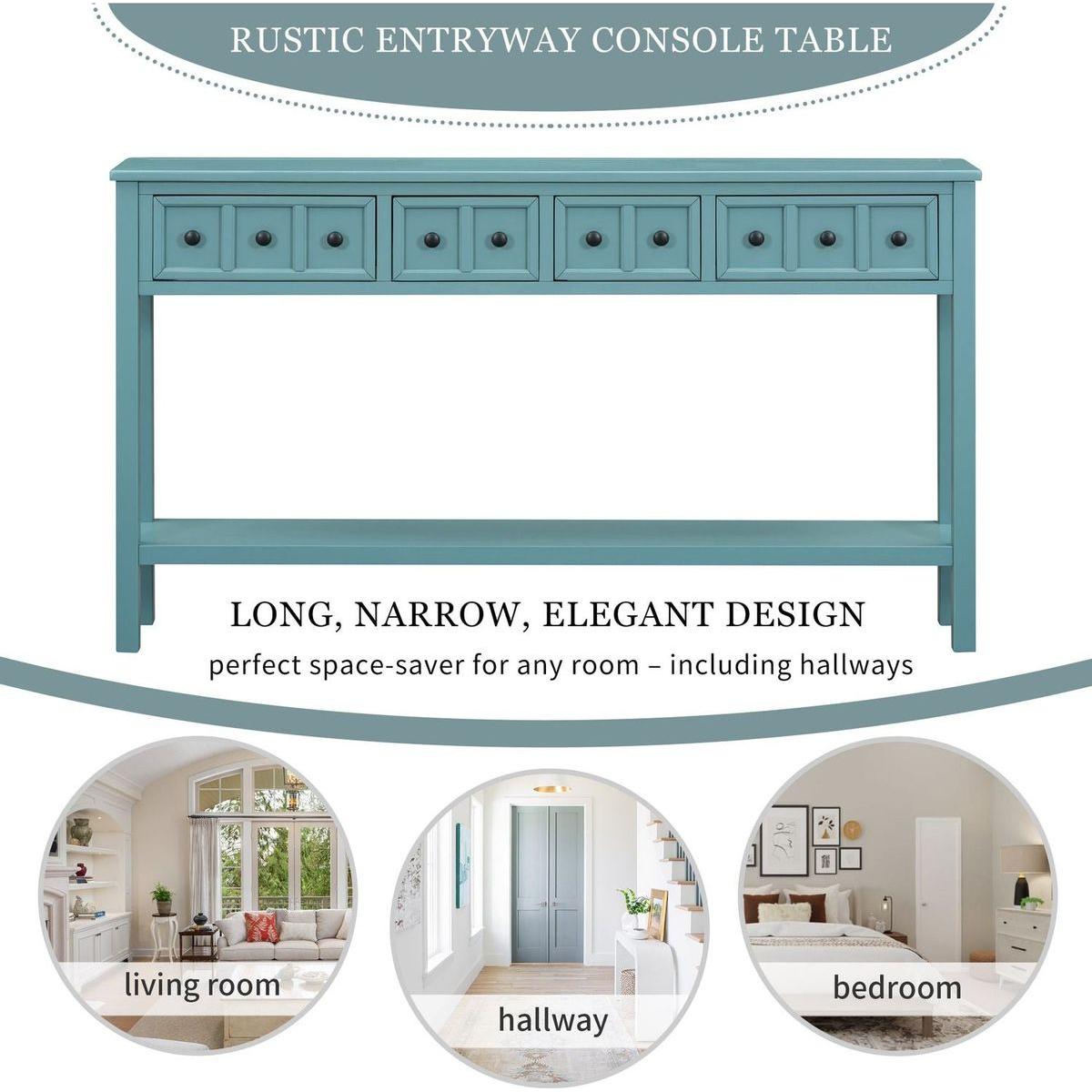 Rustic Entryway Console Table, 60" Long Sofa Table with two Different Size Drawers and Bottom Shelf for Storage (Turquoise Green)