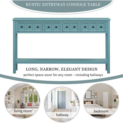 Rustic Entryway Console Table, 60" Long Sofa Table with two Different Size Drawers and Bottom Shelf for Storage (Turquoise Green)