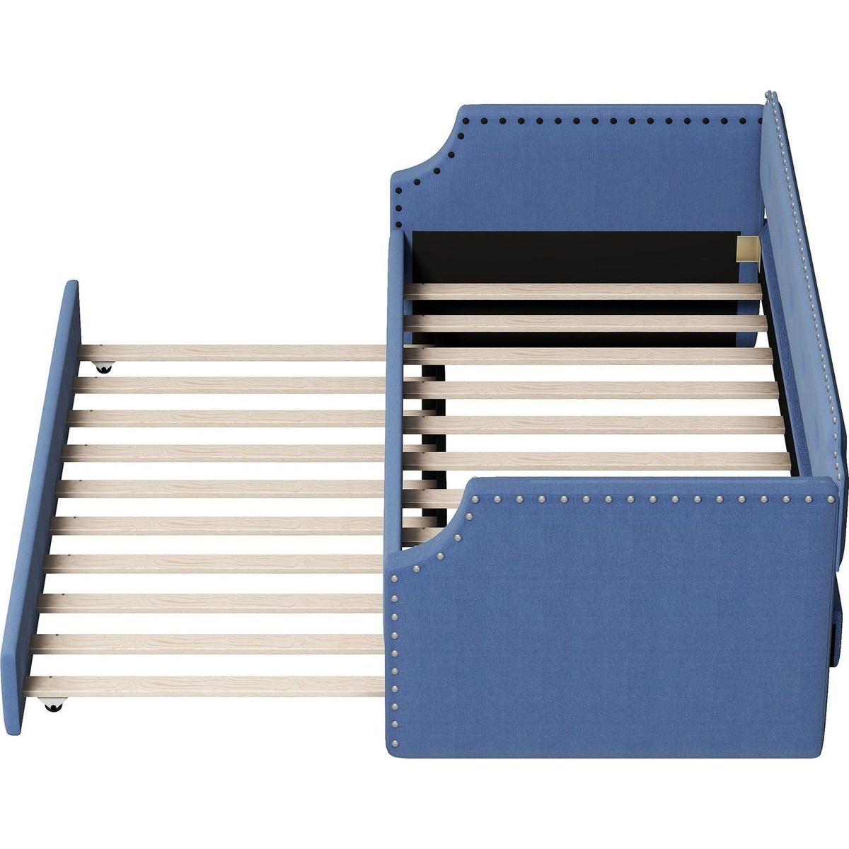 Upholstered Daybed with Trundle, Wood Slat Support,Upholstered Frame Sofa Bed, Twin,Blue