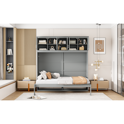 Full Size Murphy Bed Wall Bed with Top Cabinets,Gray