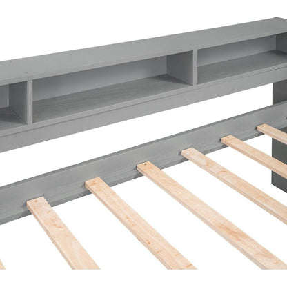 Twin XL Wood Daybed with 2 Trundles, 3 Storage Cubbies, 1 Light for Free and USB Charging Design, Gray