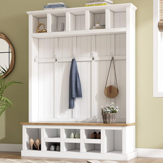 Farmhouse Wooden Style 78"H Modern Hall Tree with Wide Storage Seating Bench, Entryway Shoe Cabinet with 13 Compartments, Elegant Coat Rack with 6 Hooks for Mudroom, Living room, White