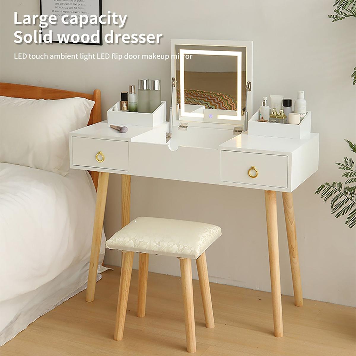 Vanity Desk Set with LED Lighted Mirror & Power Outlet, Flip Top Makeup Vanity Table with Drawers & Cabinet, for Bedroom, Bathroom