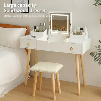 Vanity Desk Set with LED Lighted Mirror & Power Outlet, Flip Top Makeup Vanity Table with Drawers & Cabinet, for Bedroom, Bathroom