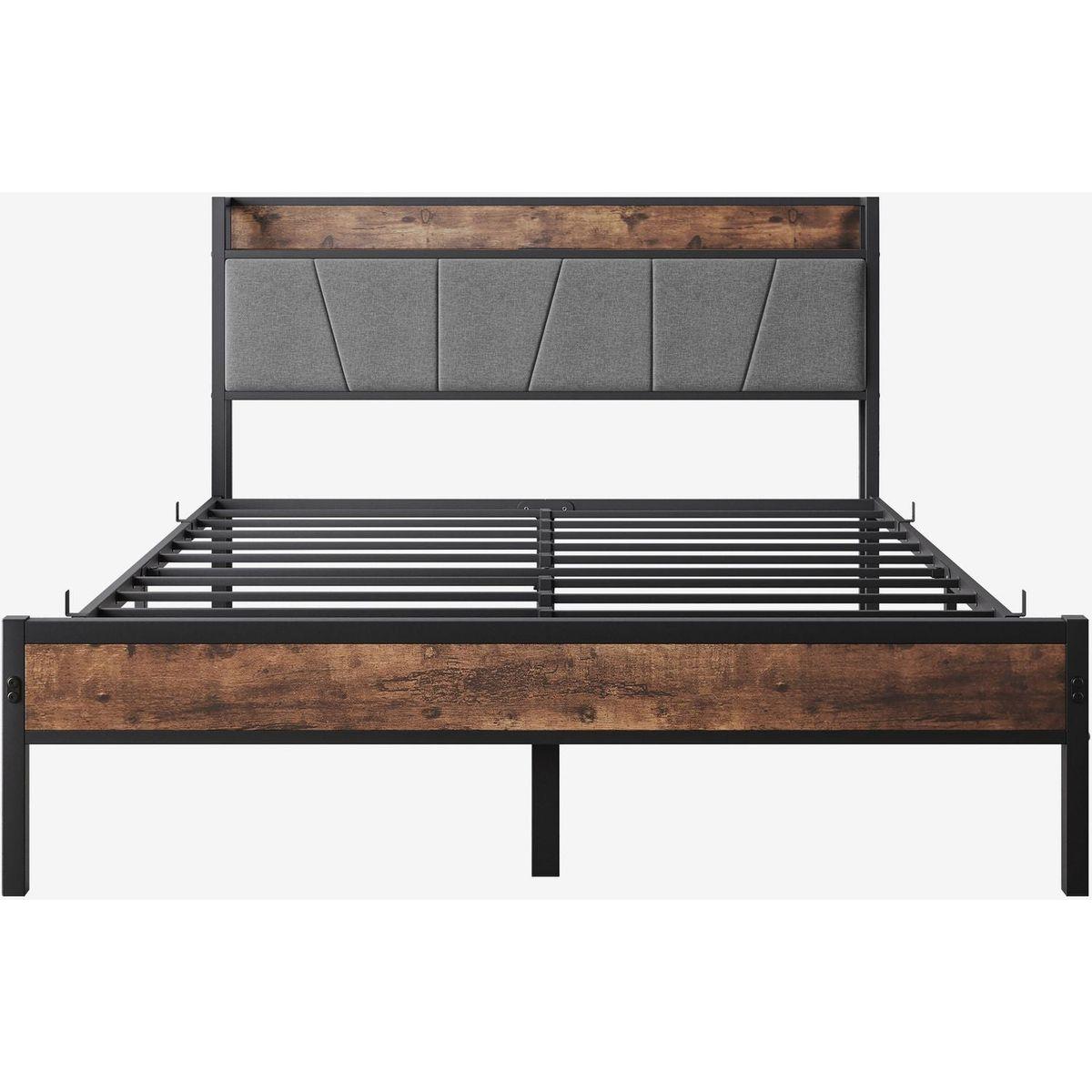Queen Size Bed Frame, Storage Headboard with Charging Station, Solid and Stable, Noise Free, No Box Spring Needed, Easy Assembly, Vintage Brown and Gray