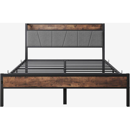 Queen Size Bed Frame, Storage Headboard with Charging Station, Solid and Stable, Noise Free, No Box Spring Needed, Easy Assembly, Vintage Brown and Gray