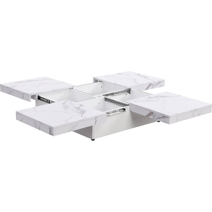 Square Marble Veneer Coffee Table Sliding Top with Storage in White 39.4"