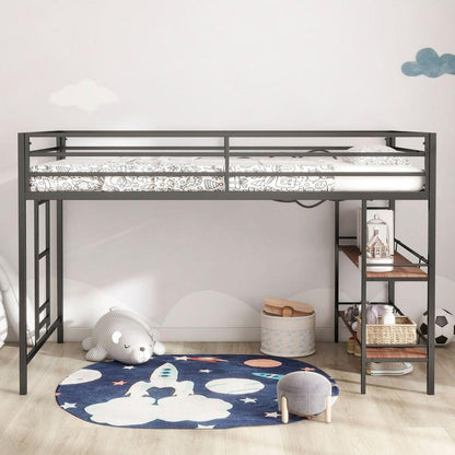 Adam sturdy junior twin loft bunk black with Cinnamon wood shelf for kids with easy climbing ladder, space saving