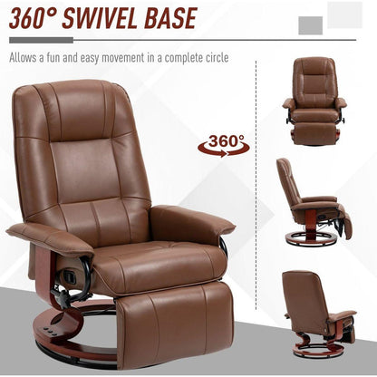 Faux Leather Manual Recliner, Adjustable Swivel Lounge Chair with Footrest, Armrest and Wrapped Wood Base for Living Room, Brown