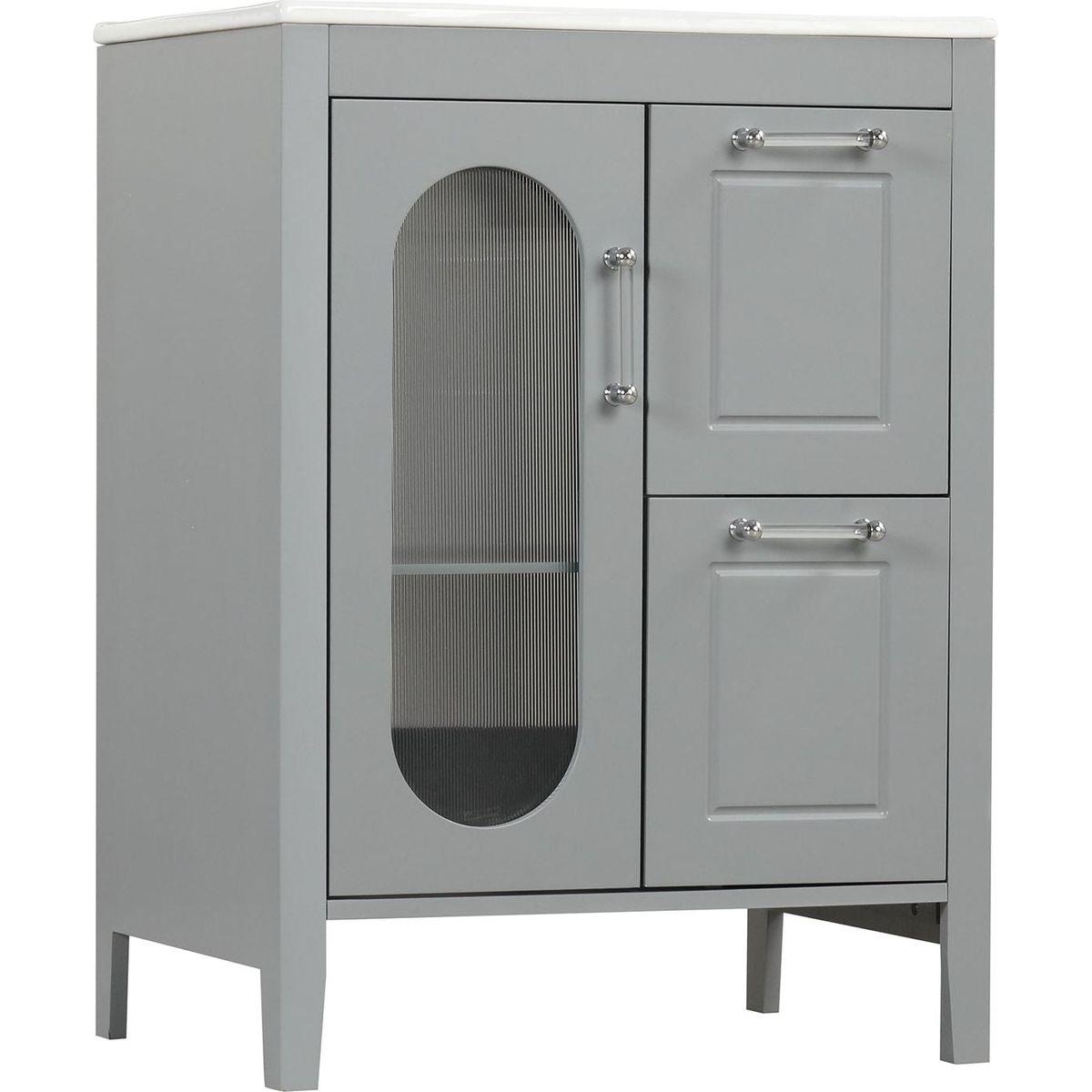 24" Bathroom Vanity with Sink, Bathroom Vanity Cabinet with Two Drawers and Door, Adjustable Shelf, Solid Wood and MDF, Grey