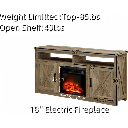 Farmhouse TV Media Stand, Large Barn Inspired Home Entertainment Console, with 18" Fireplace Insert, for TV Up to 65", with Open Shelves and Closed Cabinets, Gray Wash 57.87x15.75x30.31