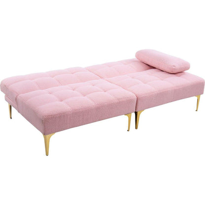 71" Convertible sofa bed futon with gold metal legs teddy fabric (Pink)