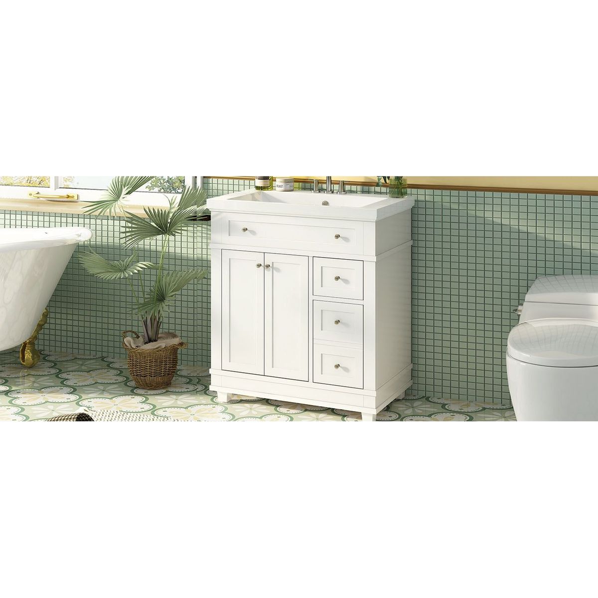 30" Bathroom Vanity Cabinet with Sink Combo Set, Undermount Resin Sink, Free Standing Vanity Set with 2 Drawers& Soft Closing Doors, Solid Wood Frame Bathroom Cabinet, White