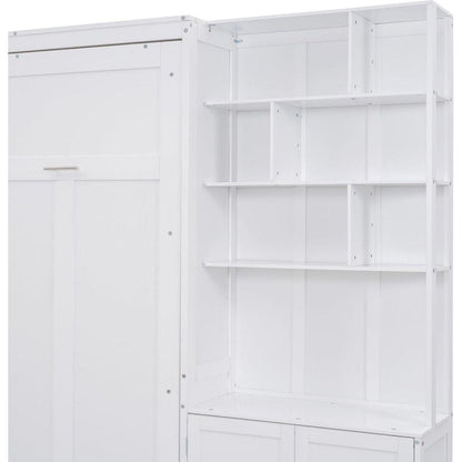 Full Size Murphy Bed with Multiple Storage Shelves and A Cabinet, White