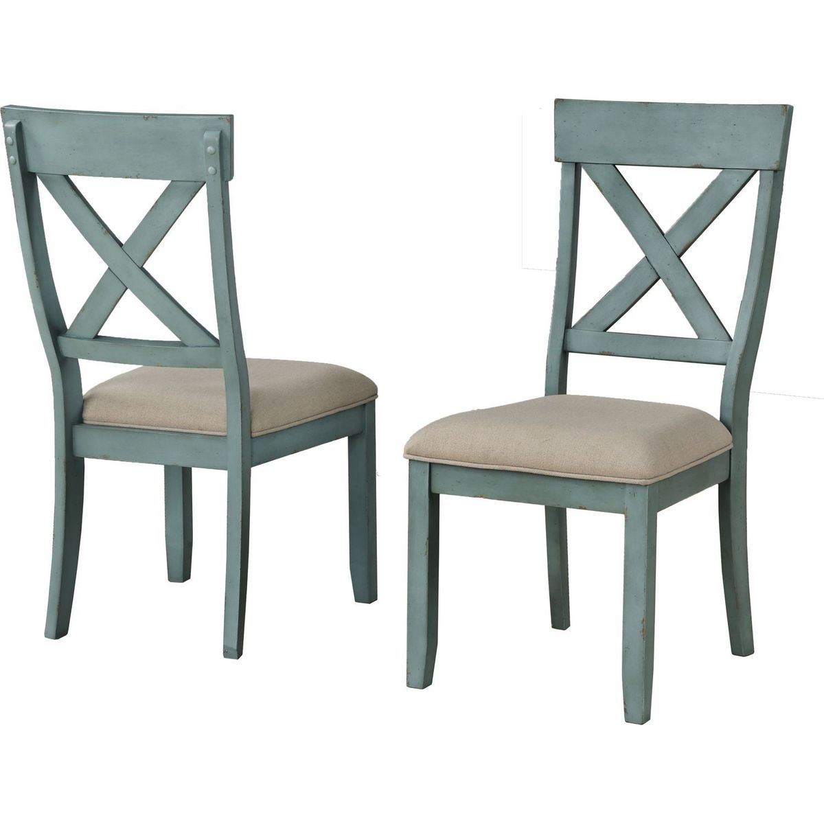 Prato Wood Cross Back Upholstered Dining Chairs, Set Of 2, Antique Blue