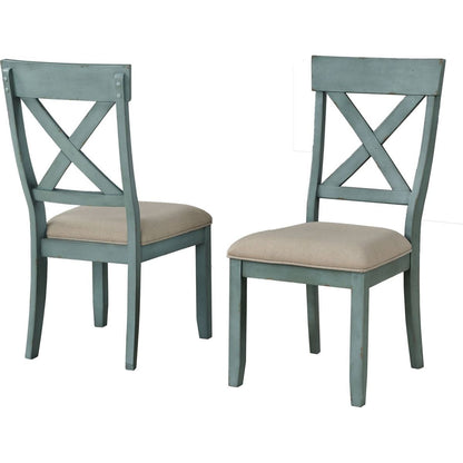 Prato Wood Cross Back Upholstered Dining Chairs, Set Of 2, Antique Blue
