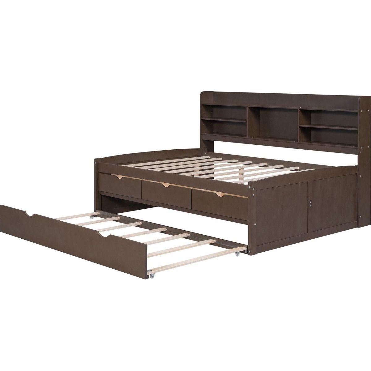 Full Size Wooden Captain Bed with Built-in Bookshelves,Three Storage Drawers and Trundle,Antique Grey - Streamdale Furniture