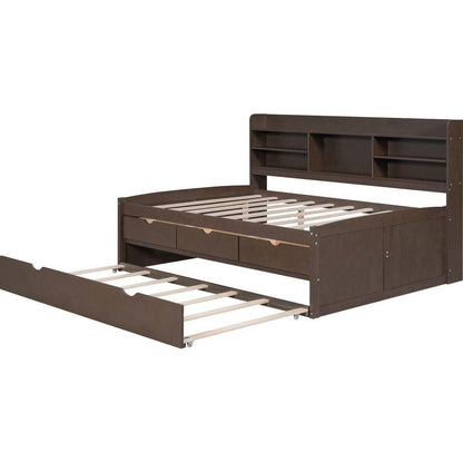 Full Size Wooden Captain Bed with Built-in Bookshelves,Three Storage Drawers and Trundle,Antique Grey - Streamdale Furniture