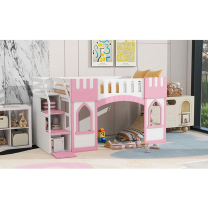Twin Size Loft Bed with Storage Staircase and Window, Pink
