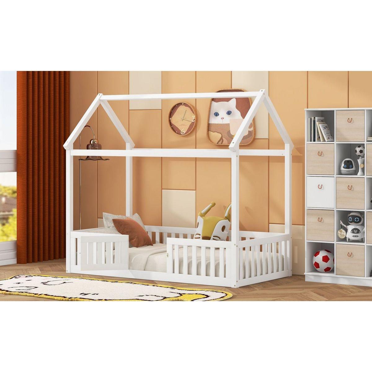 Twin Size Wood House Bed with Fence and Door, White