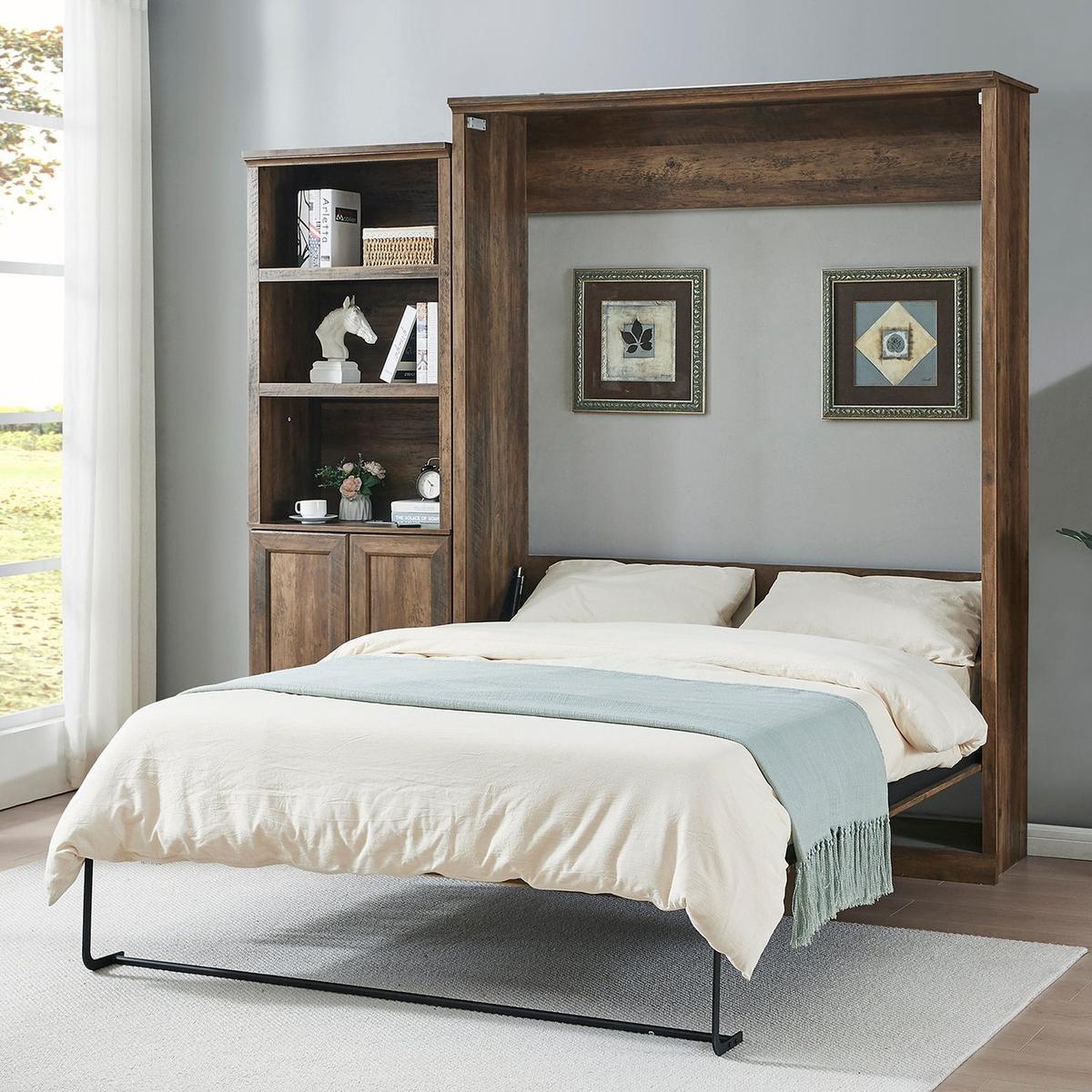 Queen Size Half Self-Close and Open Murphy Bed with 1 Side Cabinet Storage Shelf, Cabinet Space-Saving Bed Perfect for Guest Room, Bed Room, Guest Room, Home Office, Brown