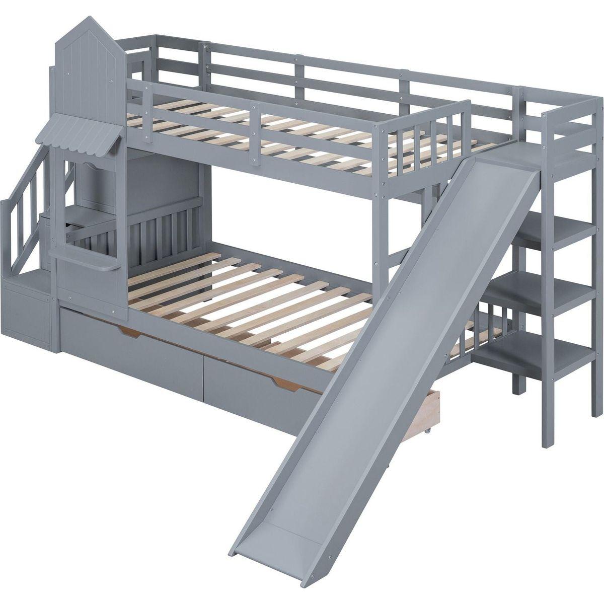 Twin-Over-Twin Castle Style Bunk Bed with 2 Drawers 3 Shelves and Slide - Gray