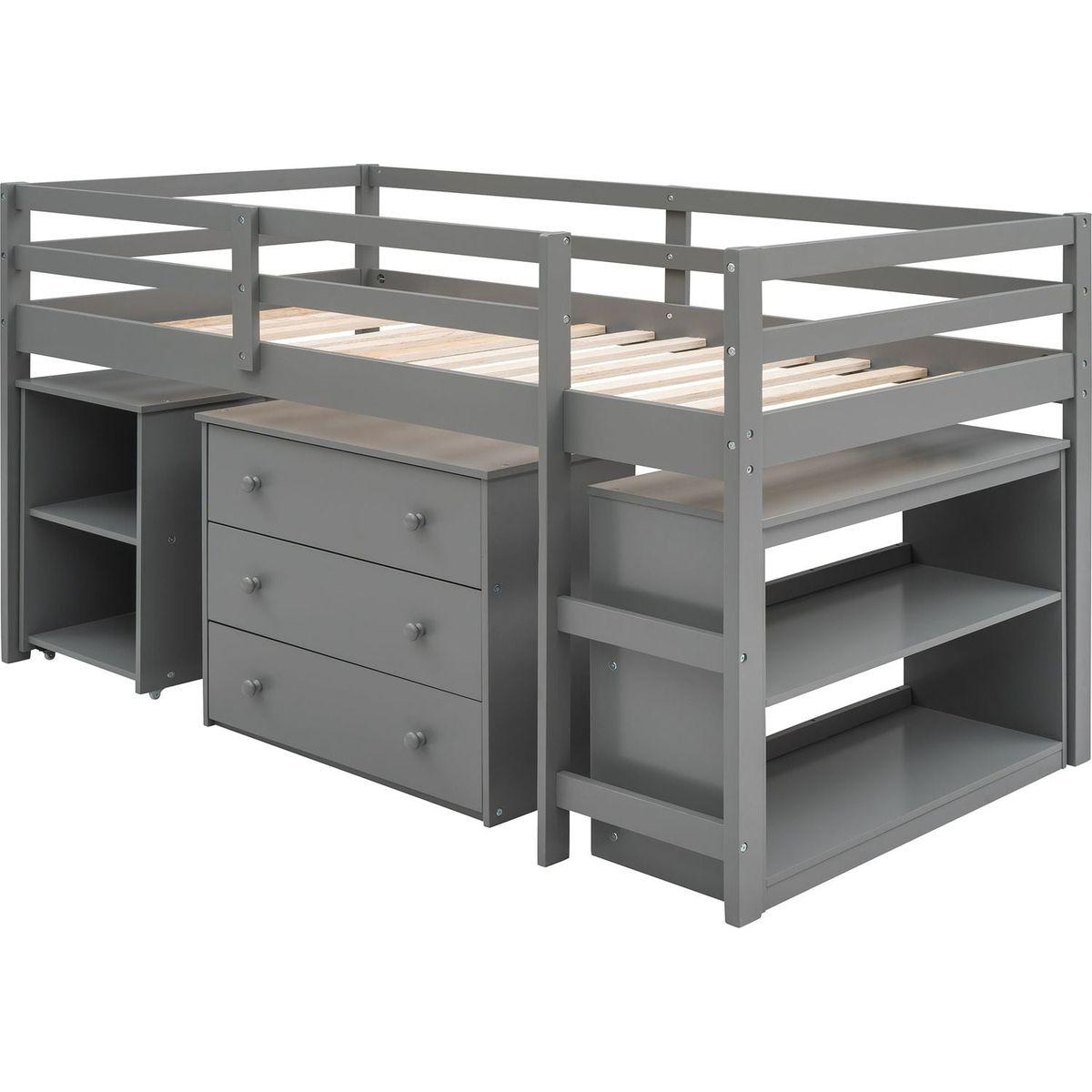 Low Study Twin Loft Bed with Cabinet and Rolling Portable Desk - Gray
