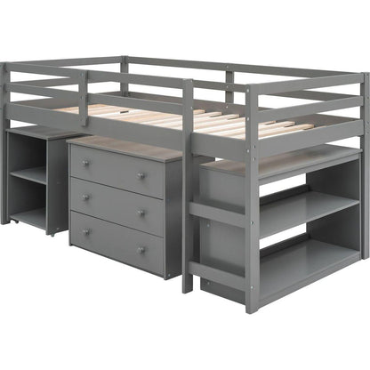 Low Study Twin Loft Bed with Cabinet and Rolling Portable Desk - Gray