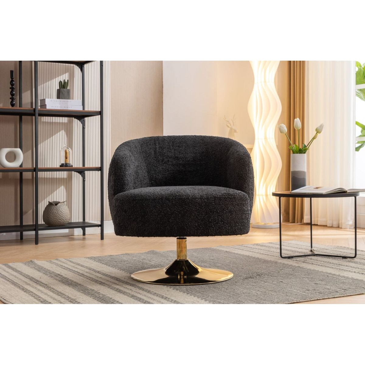 Chenille Fabric Accent Swivel Chair With Gold Metal Round Base,Black