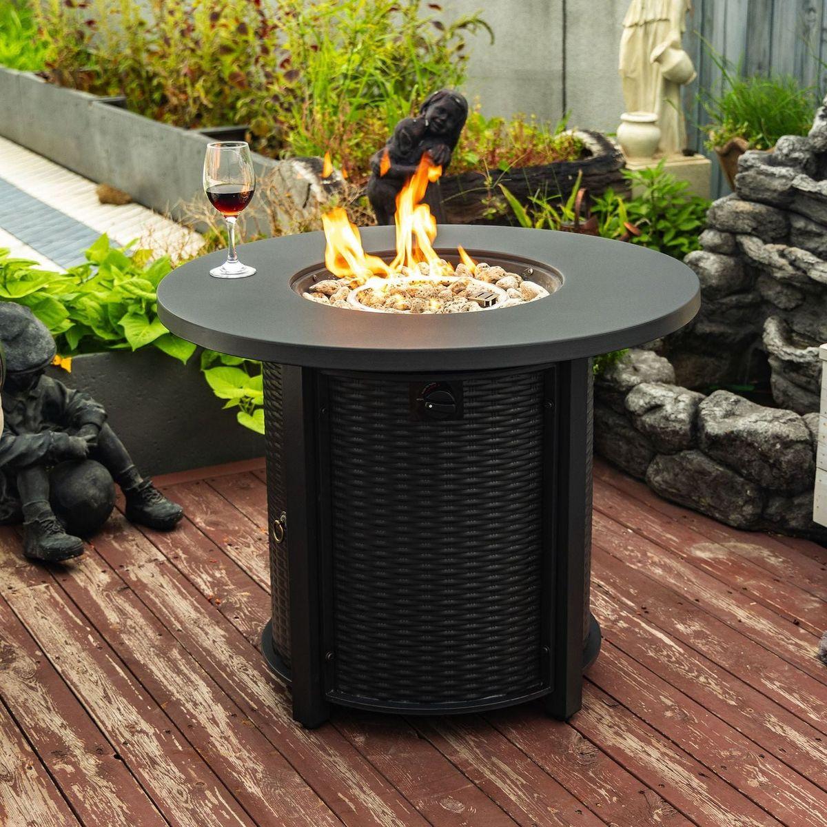 32inch Round Steel Fire Pit Table with Steel Lid and Lava Rocks - Streamdale Furniture