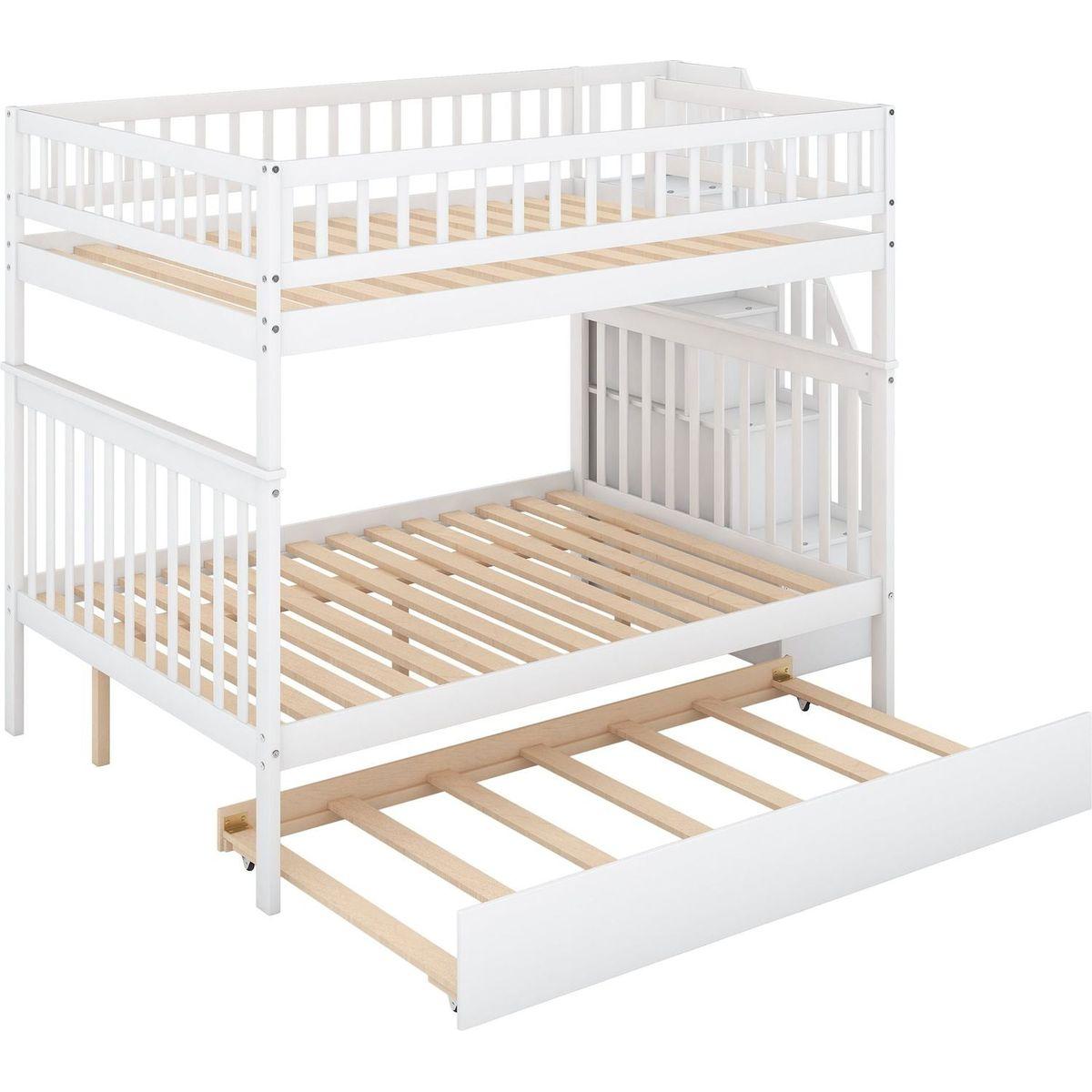 Full over Full Bunk Bed with Trundle and Staircase,White