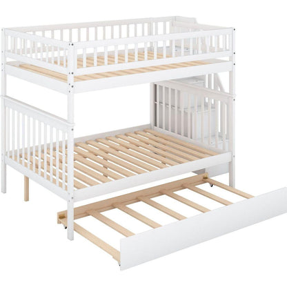 Full over Full Bunk Bed with Trundle and Staircase,White